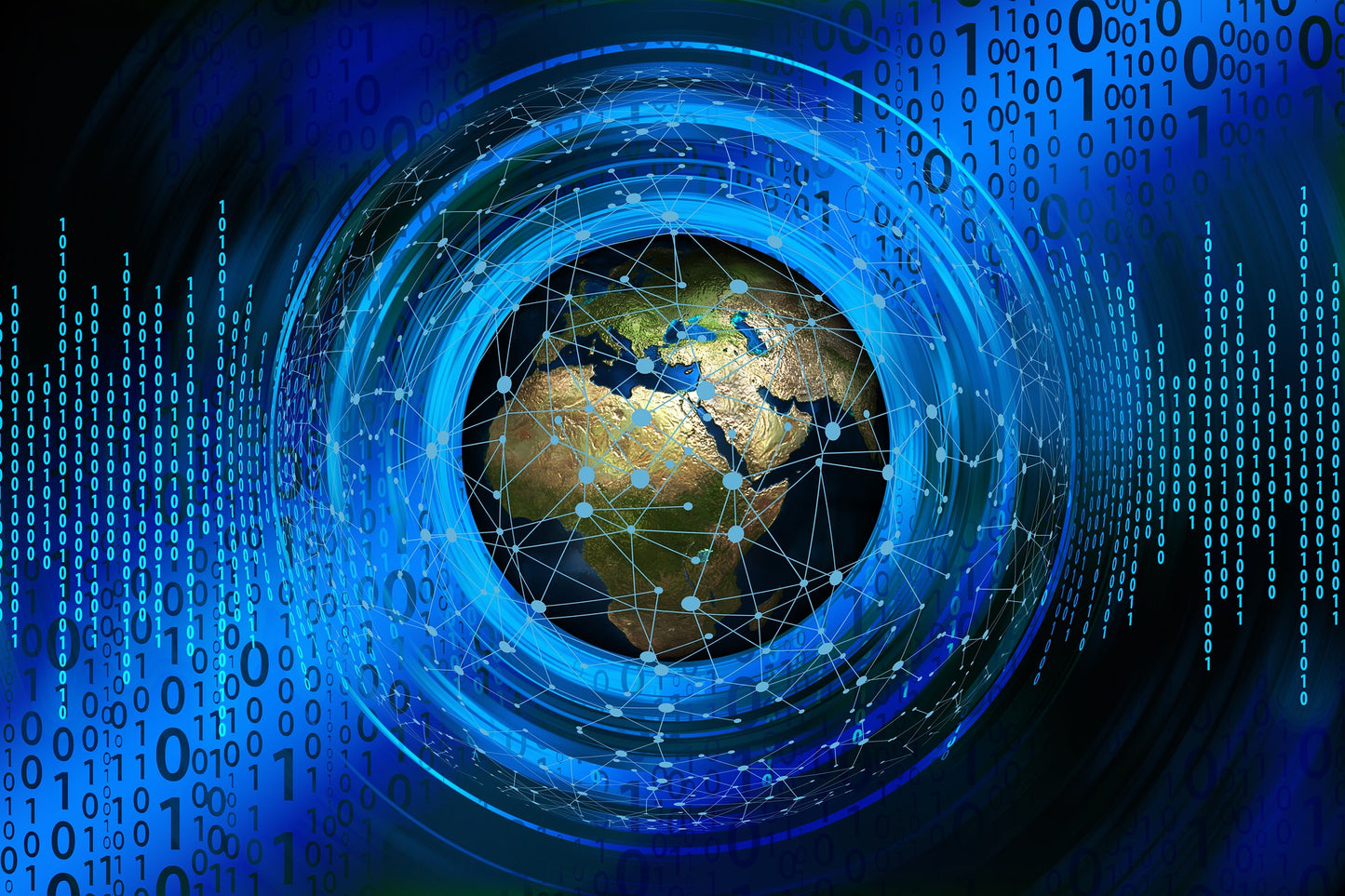 The digital world - a globe surrounded by binary digits.